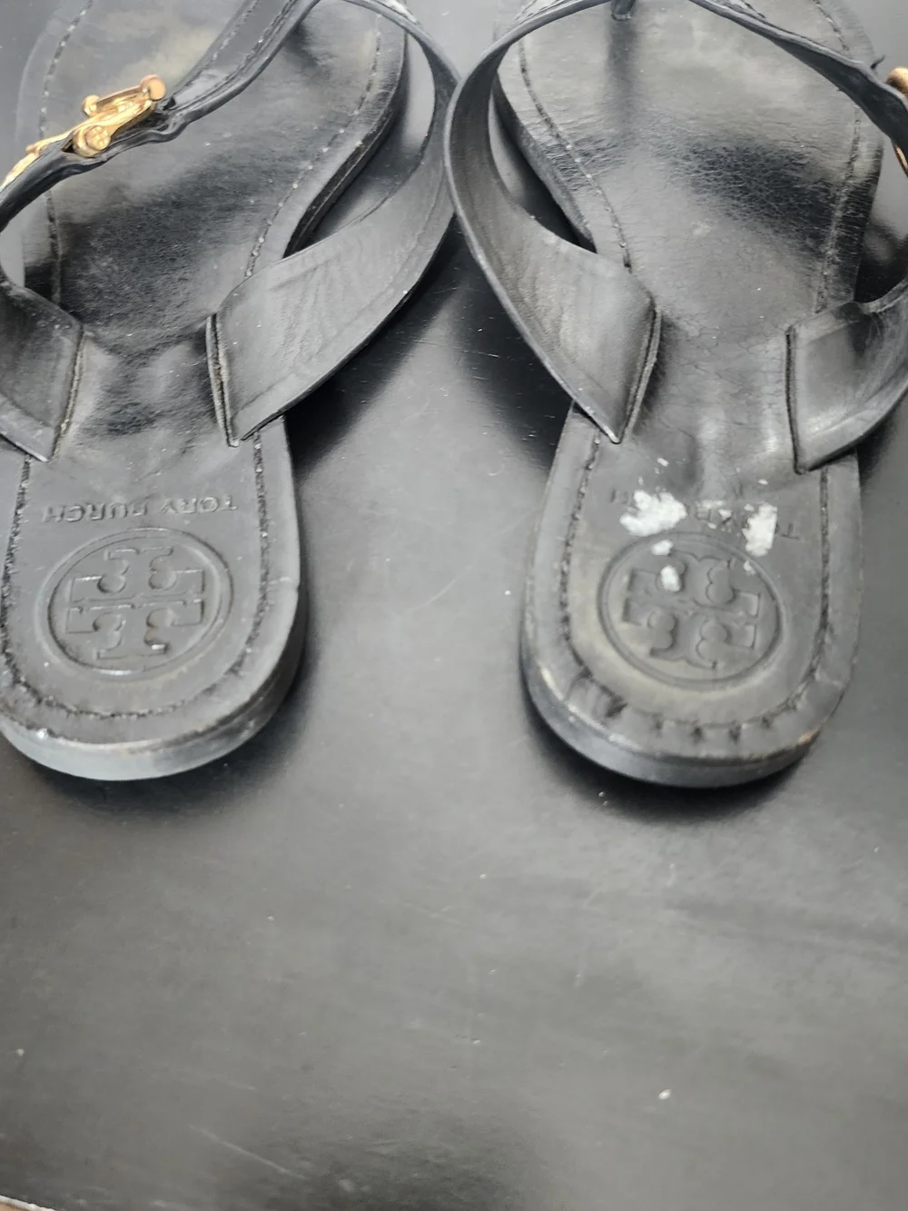 Tory Burch Black Leather Thong Sandals with Gold Logo Hardware